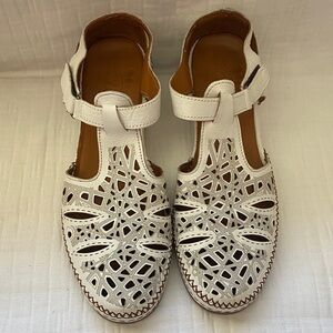 SPRING STEP  White Laser-Cut Leather Sandals with Ankle Strap